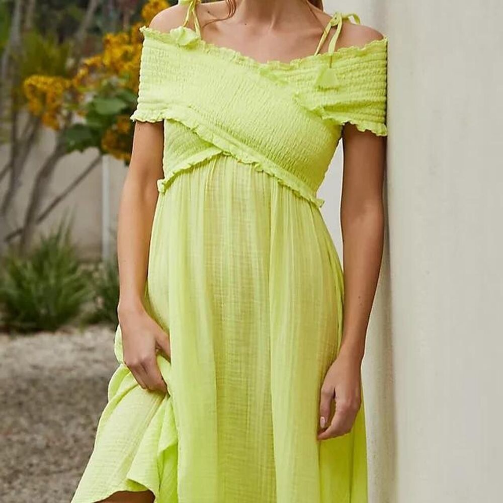 Anthropologie Smocked Gauze Criss Cross Asymmetrical Midi Dress in Lime Green - Picture 2 of 8